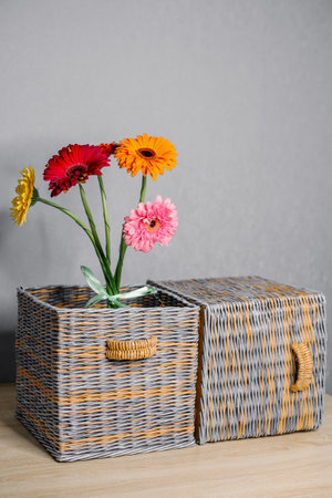 WICKER NEWSPAPER BOXES FOR SHELVINGの写真素材