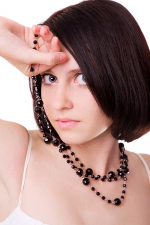 beautiful girl holding beadsの写真素材