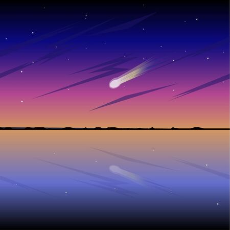 Night landscape. Sky, stars, clouds, dark silhouettes of the coast and a shining comet in the dark skyのイラスト素材