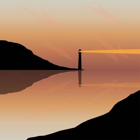 vector landscape. clear lake. mountains and a lighthouseのイラスト素材