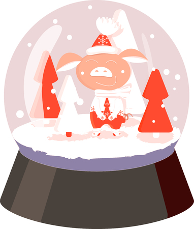 pig white and red snowball with tree, snowflakes on white background.のイラスト素材