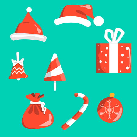 new years objects Christmas symbols red with white isolated on turquoise background. Santa hat, bell with handle, Christmas-tree decoration ball, gift with white ribbon, bag with gifts, sugar cane, caramel, sugar Christmas treeのイラスト素材