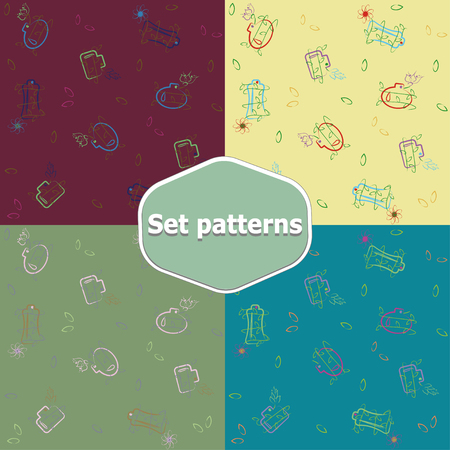Seamless background with bottles and plants different colors. Cosmetic or perfume packaging. Vector set patterns illustration. burgundy, beige, olive, blueのイラスト素材