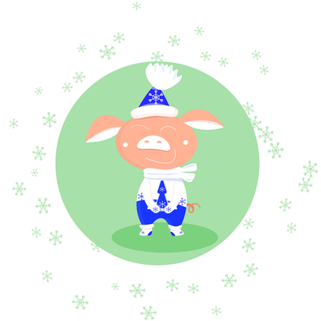 Vector falling snowflakes and cute pig in white mittens and a blue hat with a Christmas tree on a green background. Symbol of the Chinese New Year 2019.のイラスト素材