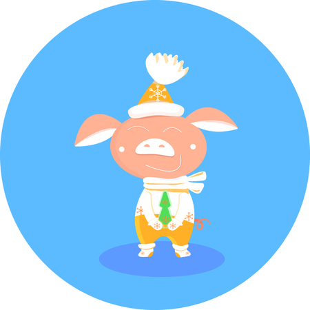 Christmas pig in yellow and white mittens, scarf, hat pom-pon on round blue background. With green fir vector Symbol of Chinese New Year 2019. Postcardのイラスト素材