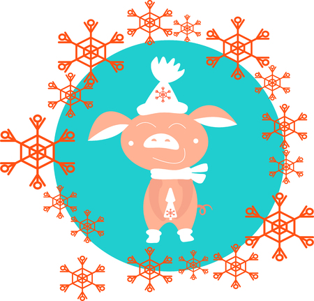 Vector cute pig in white hat and red snowflake on blue circle background. Symbol of New Year. For banner, postcardのイラスト素材