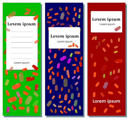 Set flyer, brochure template and banner. On a multucolor blue, red, green background multicolored bottles for decoration magazine, booklet, cover, poster design, webのイラスト素材