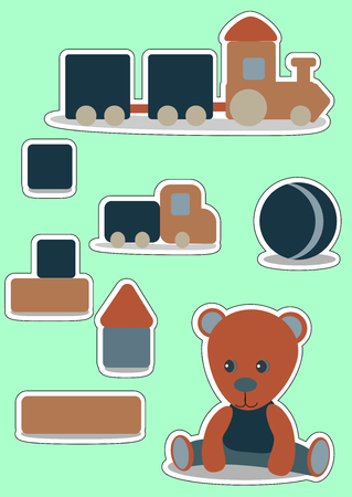 Teddy Bear Set sticker for boy. Wooden toys. Vector illustration for label, price tag, banner, scrap noteのイラスト素材