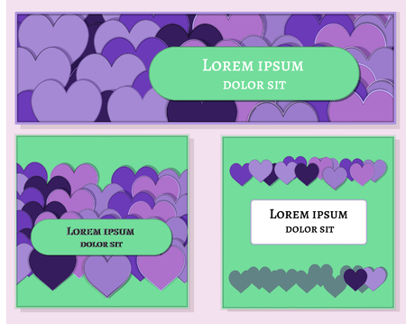 set banner Template with violet hearts. For media, print, flare. Green and violet. Vector Illustration Social Media Banners decoration magazine, booklet, cover, poster design, webのイラスト素材