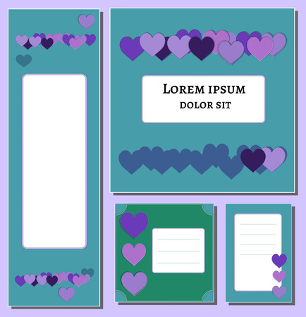 violet and lilac hearts set banner Template. For web cover, poster design media, print, flyer. decoration magazine, booklet, , web on Green background. Vector Illustrationのイラスト素材