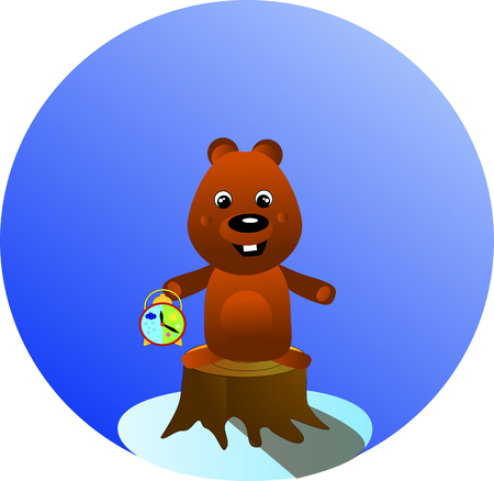 Groundhog Day color cartoon holiday illustration design. Second February greeting poster, banner, postcard, Vector illustration with marmot and clock - winter vs springのイラスト素材