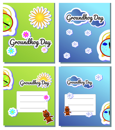 Set postcard for Groundhog Day cartoon holiday illustration design. Second February greeting poster, banner, card, scrapbook.のイラスト素材