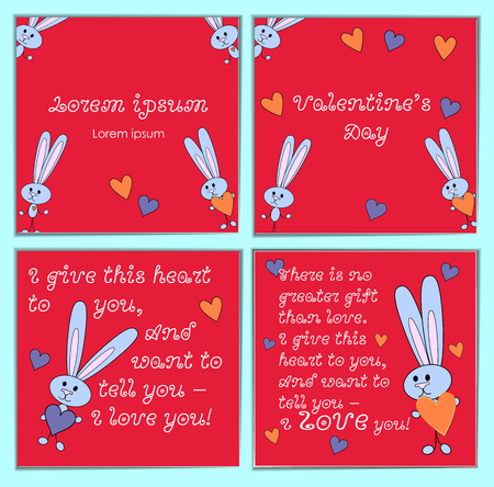 A set of cards with cartoon rabbits for Valentine's Day. With holiday greetings. Square bright pink background with hearts and words. Cute grey bunny with heart in hand. Vector illustrationのイラスト素材