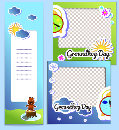 Set templates frame and flyer for Groundhog Day - stickers cartoon illustration with sun and clouds. Second February greeting poster, banner, postcard, scrapbook.のイラスト素材