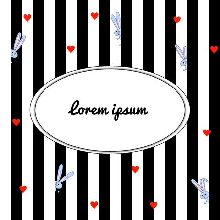 Black and white striped background with cartoon gray rabbits and red hearts. With place for congratulations, inscriptions.のイラスト素材