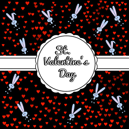 Festive black background with a cute gray bunny and confetti from red shades of hearts. Round carved tag with white ribbon. For postcards, greetings, invitations to a party. Vector illustrationのイラスト素材
