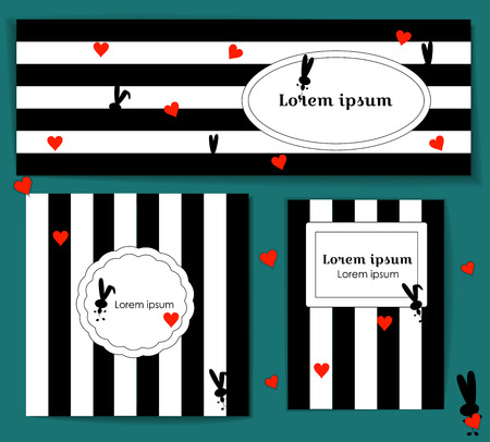 set Template with rabbit and red hearts. black and white striped background. valentines day. Vector Illustration for media post, print, flyer. decoration magazine, booklet, cover, poster design, web. eps10のイラスト素材