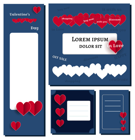 Dark blue backround and red hearts - set Header or Banner set for Happy Valentine s Day celebration. decoration magazine, cover web, flyer print, Social Media Post. vector illustrationのイラスト素材