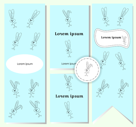 charming set of postcards with cute contour rabbits on a turquoise background. Flags, certificates, flyers or banners for children. Cute design style with bunnies.のイラスト素材