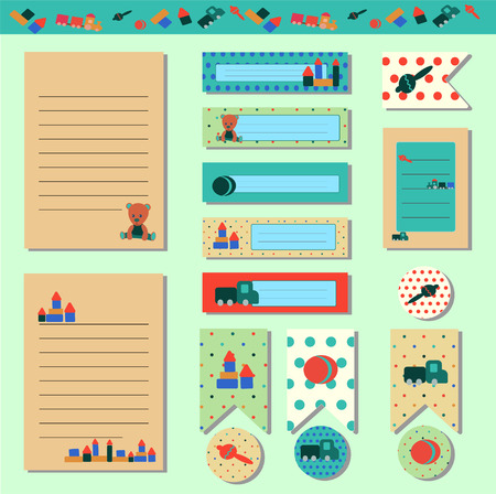 Sweet baby cards, notes, stickers, labels, tags with illustrations teddy bear and toys in retro style. Scrapbooking, planner, Invitation, note, diary.のイラスト素材