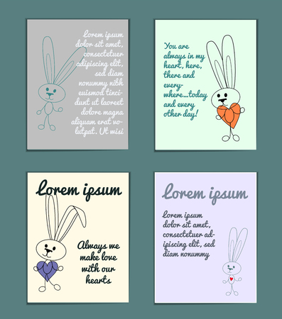 Delicate set of cards with cartoon outline rabbits for poster. With holiday greetings. Pastel colors with space for text. Cute rabbit silhouette with contour heart in hand. Vector illustrationのイラスト素材