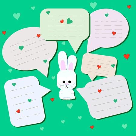 Funny little hare with big eyes. Surprised Rabbit with chat cloud or with spoken bubbles. Little rabbit on mint background. Message from Cute Wild Animal with a Heart. Postcard, poster. Great for print design. vector illustration.のイラスト素材