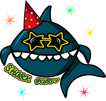 A big blue shark on a birthday in sunglasses. Sea character and confetti on a white background. Children s przdnik in oceanic topics. Vector illustrationのイラスト素材