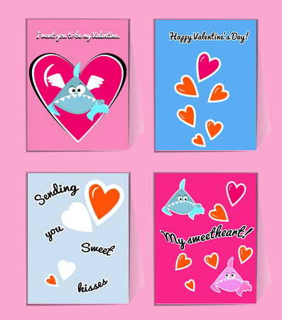 Blue and pink Sharks with hearts. Cute Valentine greeting card with wishes. You my Valentin vector illustration.のイラスト素材