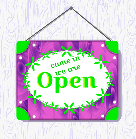 Violet wood and green flower hanging sign with text Come in, we re open . White border box. vector illustrationのイラスト素材