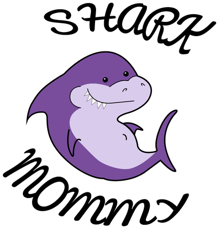 Mommy Shark cartoon sea animal violet shark on a white background. Baby shower cute character for printing on clothes or cards, invitations, posters on the wall, banners, gifts. vector illustration eps10のイラスト素材