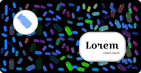 Vector pharmacy - medicine colorful bottles on black background. web banner. illustration with border box. eps10のイラスト素材