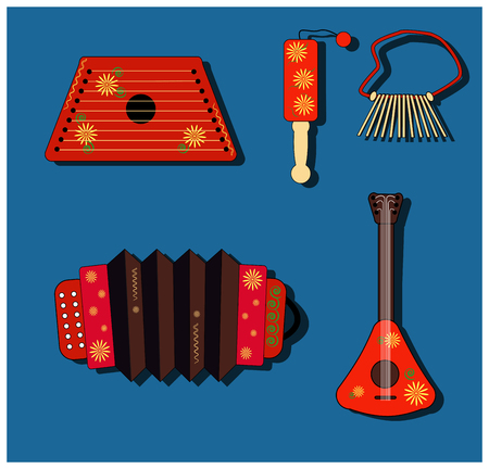 Accordion, balalaika, clapper, ratchet, rattle, gusli. Set Isolate vector Musical instrument. Russian style. Shrovetide Red colors on blue backgroundのイラスト素材