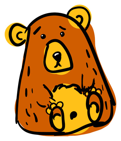 Hand drawn bear isolated on white background. Brown and yellow colored spots. Black outline drawing by hand. Doodle vector illustration. Cute postcard or print for clothes. mugs, billboard.のイラスト素材