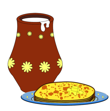 Card with sour cream and pancakes. Clay jug and plate with pancakes. symbols of the spring holiday Shrovetide or Maslenitsa. Isolated on white background. vector illustrationのイラスト素材