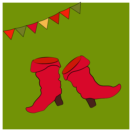 Red saffian boots. Card with objects of the national Russian costume. Shoes with heels. Symbols of the holiday Shrovetide or Maslenitsa. Multicolored garland on a green background in white frame. vector illustrationのイラスト素材