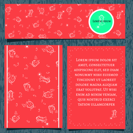 Set of templates for flyers and banners of a cosmetic center, a flower shop or a perfumery. Brochure design with white contour flacons and floral ornament on red background. Vector illustrationのイラスト素材