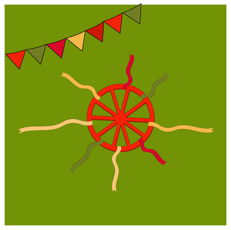 Red wheel and colorful ribbons. Shrovetide or Maslenitsa. Elements Russian national holiday. Educational cards or greeting cards. Shrovetide simbol isolated on green background. Vector illustrationのイラスト素材