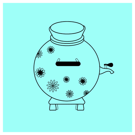 Samovar with floral ornament. Shrovetide or Maslenitsa. Black Contour Elements. Educational cards or greeting cards. Shrovetide simbol isolated on blue background. vector Outline illustration for coloring book or printing for clothesのイラスト素材