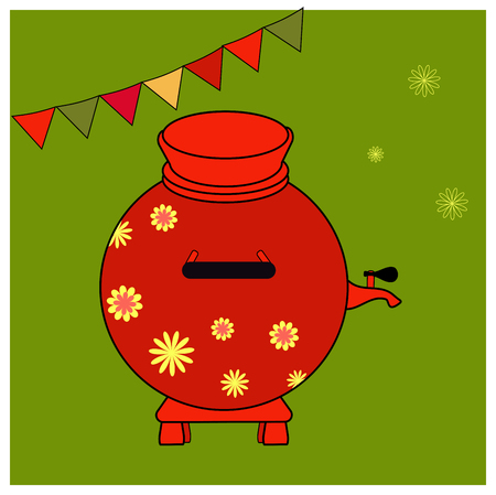 Red Samovar with yellow floral ornament. Elements Russian national holiday. Educational cards or greeting cards. Shrovetide simbol isolated on green background. Vector illustration Maslenitsaのイラスト素材