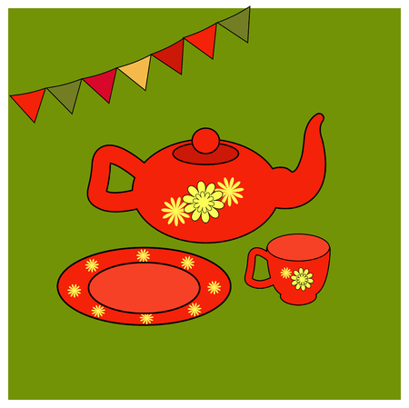 Utensils for tea. vector illustration Red Teapot, cup and saucer with floral yellow ornament. Object isolated on a green background. Elements for Educational cards or greeting cards. Vector illustration kitchenwareのイラスト素材