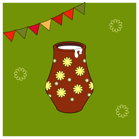 Card with milk. Clay jug. Educational cards or greeting cards. food simbol isolated on green background. Vector illustration spring holiday Shrovetide or Maslenitsaのイラスト素材