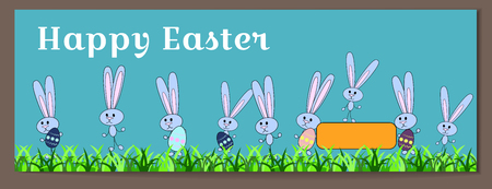 Vector horizontal banner for Happy Easter with painted eggs and bunnies. Rabbits hold eggs with a floral pattern. Ornament of the evil grass. Place for text. Orange dice. Holiday blue background for design cover, booklet.のイラスト素材