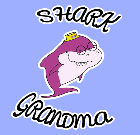 Family sharks. Grandma shark. In a straw hat with flowers. Cute cartoon purple character with eyeglasses of sea animals. Sticker isolated on white contur. Blue background. Print for clothes, baby shower decoration. vector illustrationのイラスト素材
