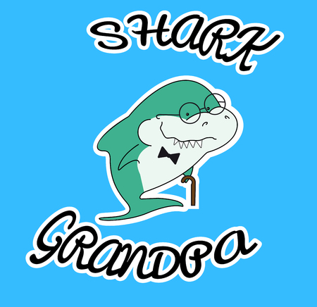 Family sharks. Grandpa shark cane and bow tie. Cute cartoon green character with eyeglasses of sea animals. Sticker isolated on white contur. Blue background. Print for clothes, baby shower decoration. vector illustrationのイラスト素材