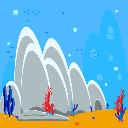 Underwater background cartoon illustration of rocks and seaweed on the sandy bottom. Bubbles water and silhouette fish, algae and red coral. Vector illustration background. Game screen for stickers or web applicationsのイラスト素材