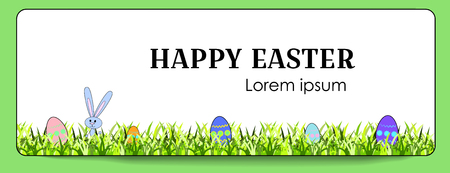 Vector horizontal banner for Happy Easter with painted eggs and bunny. Rabbit and eggs with a floral pattern. Decoration of green grass border. Place for text. Holiday white background for design cover, booklet.のイラスト素材