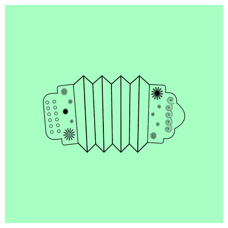 Musical instrument Accordion with floral ornament. Folk Russian music. Black Contour object harmonica isolated on a light green background. Linear icon. vector line illustration coloring book or printing clothes. Educational cards vector illustrationのイラスト素材