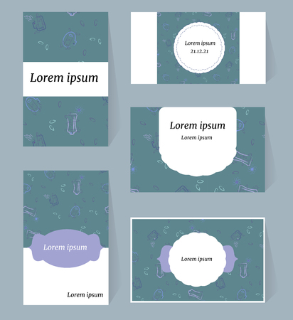 Set with vector floral card design in gray with purple and white place for text. For invitations for wedding, birthday, invitation card, brochure, business cards. Vector illustration with plant elements. Contours of leaves and vials.のイラスト素材