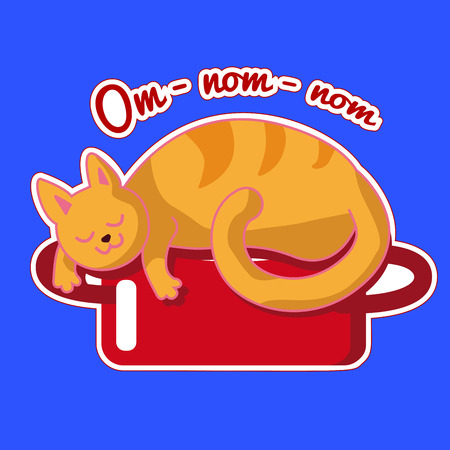 Ginger cat is sleeping on a red saucepan. Vector sticker with a funny animal. Illustration with dreaming about tasty food kitten. Card for Cat Day or Hugging Day. Icon flat style collection. Sticker isolated on white contur on blue backgroundのイラスト素材