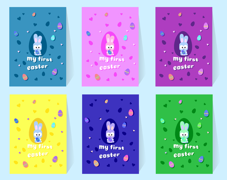 A set of post cards My First Easter with a cute little rabbit. Bunny and colorful eggs. 6 colors yellow, pink, purple, green, blue, purple. Vector illustration easter hunt. To decorate a holiday party garlands or flagsのイラスト素材